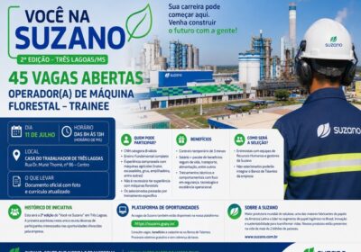 Suzano abre 45 vagas de trainee para Operador(a) de Máquina Florestal em Três Lagoas
